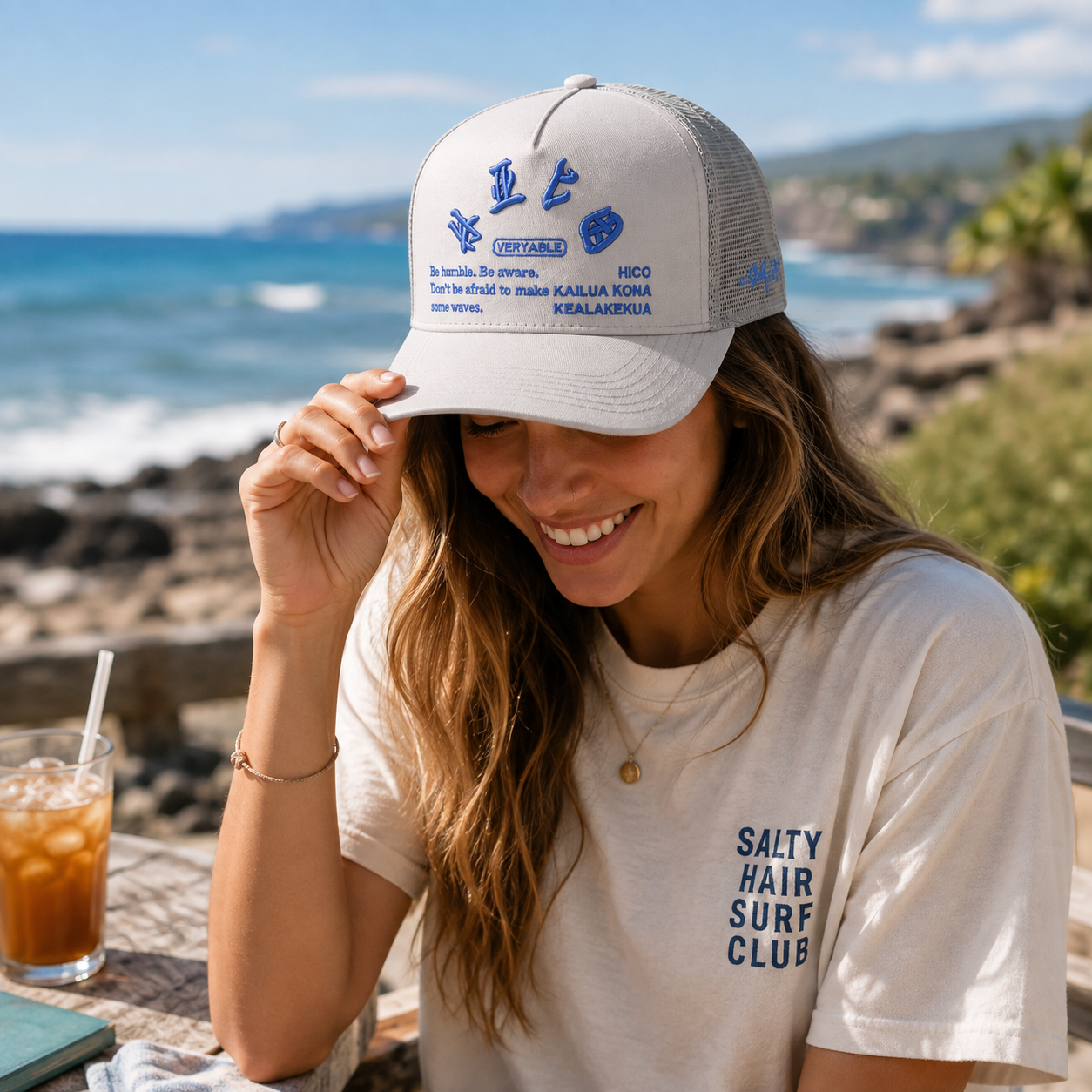 Light Gray 5-Panel Mesh Trucker Cap with Blue Raised Embroidery
