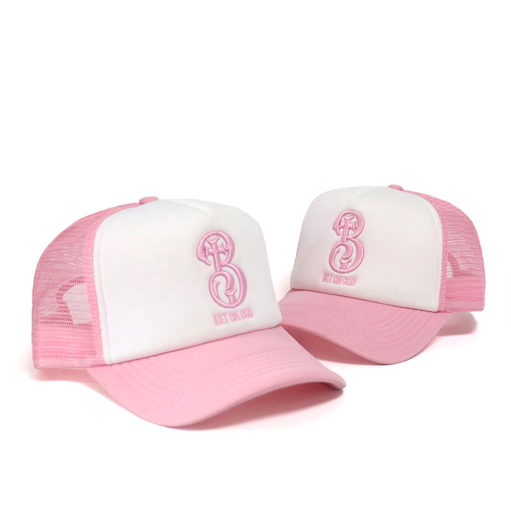 Pink White 3D Embroidered Logo Trucker Hat Mesh Back Adjustable Cap