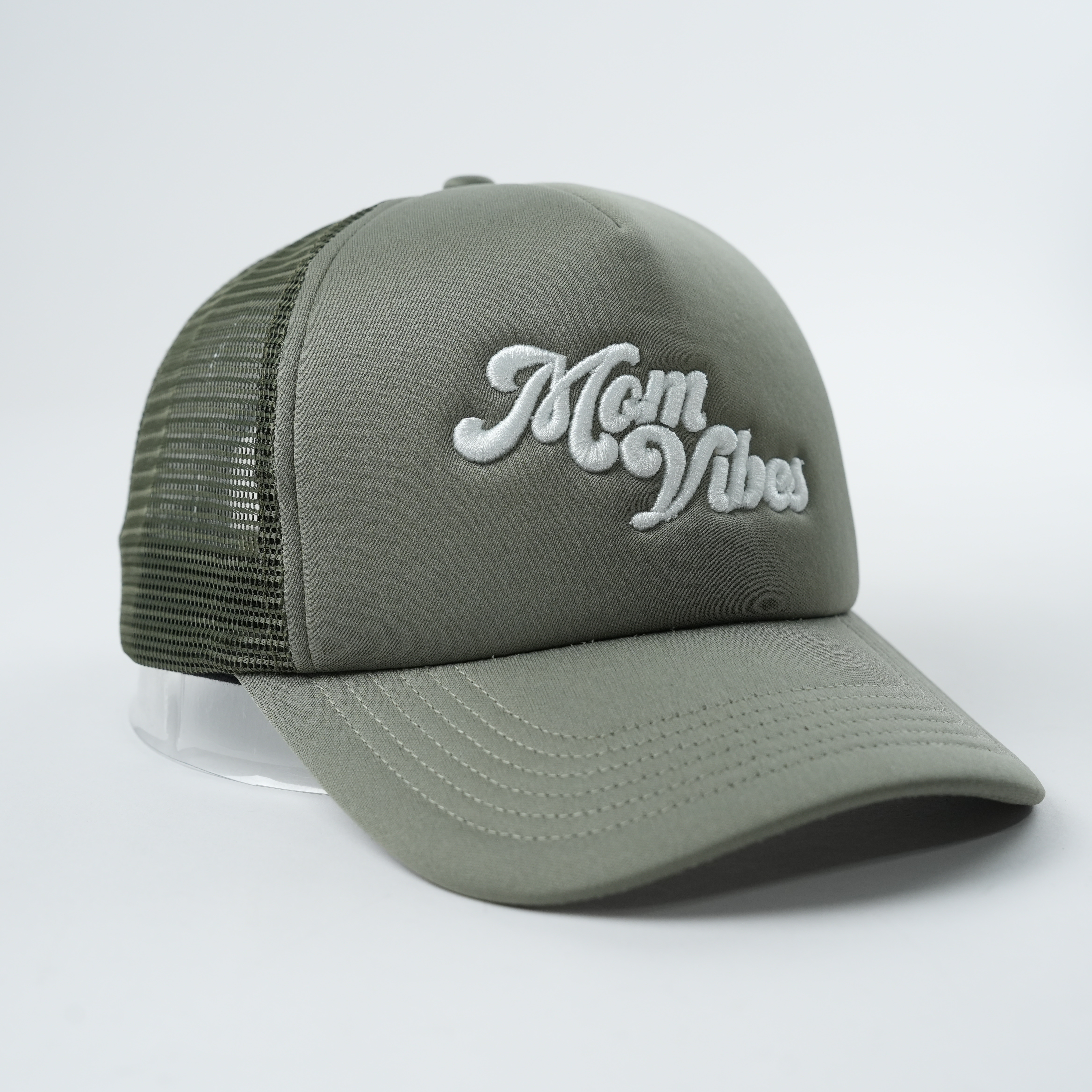 Olive Green Script Logo Mesh Trucker Cap with 3D Embroidery