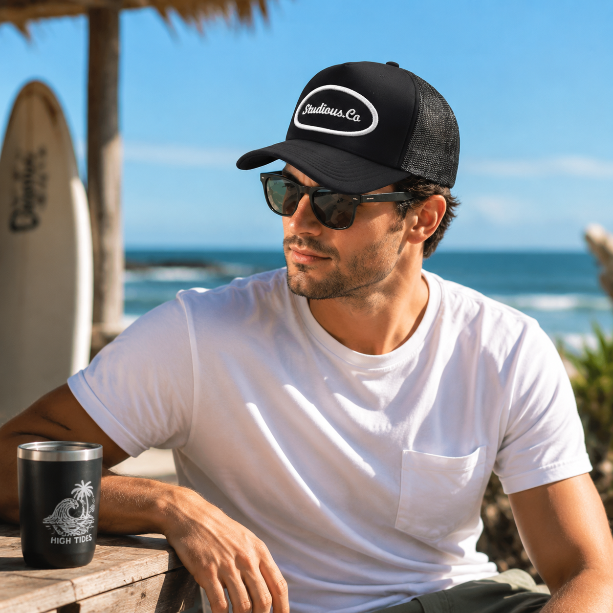 Black Mesh Trucker Cap with White Oval Embroidered Logo Patch