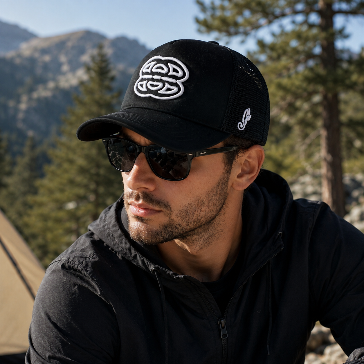 Black Foam Mesh Trucker Cap with White Raised Logo Embroidery