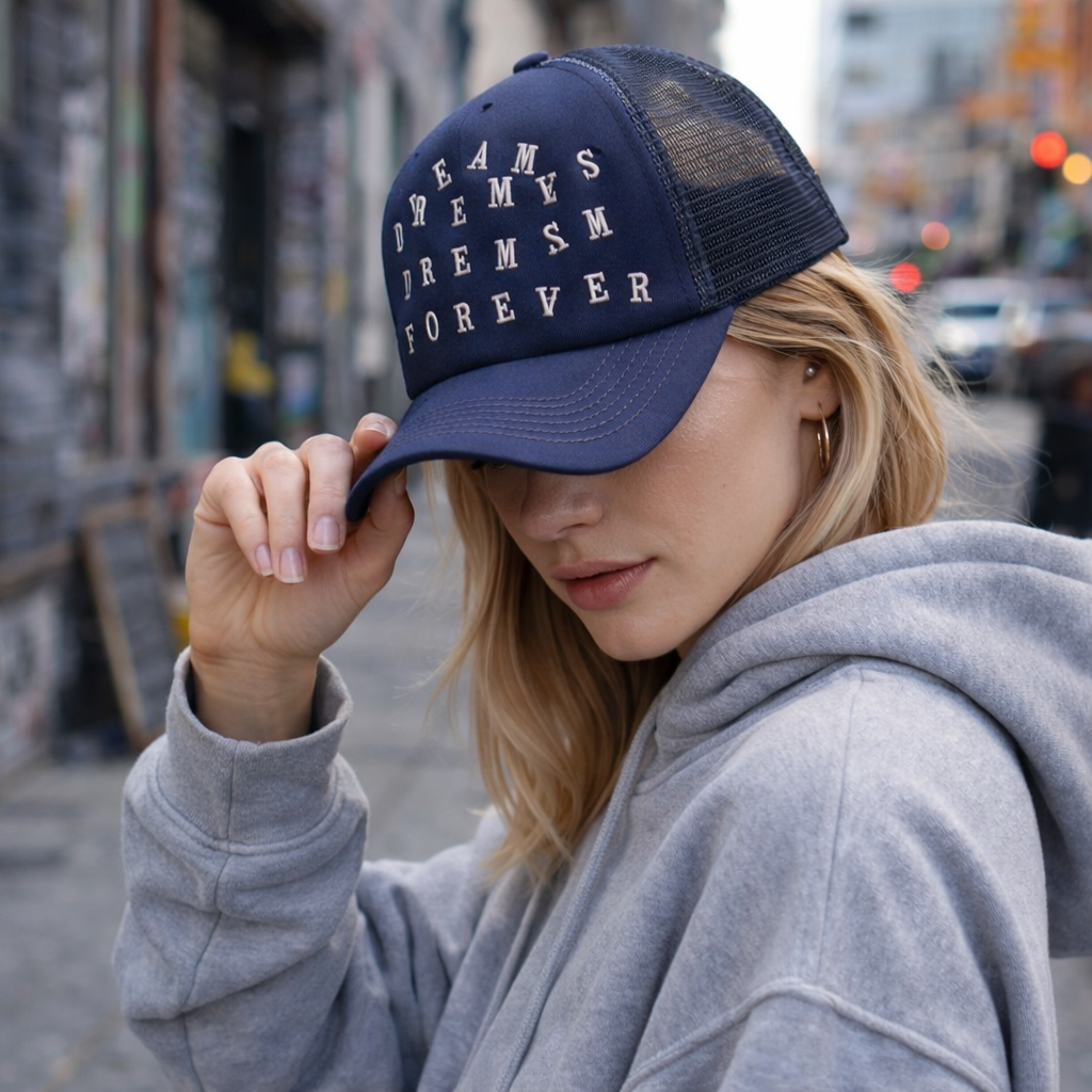 Dreamers Dream Forever Navy Blue Trucker Hat Embroidered Snapback Cap