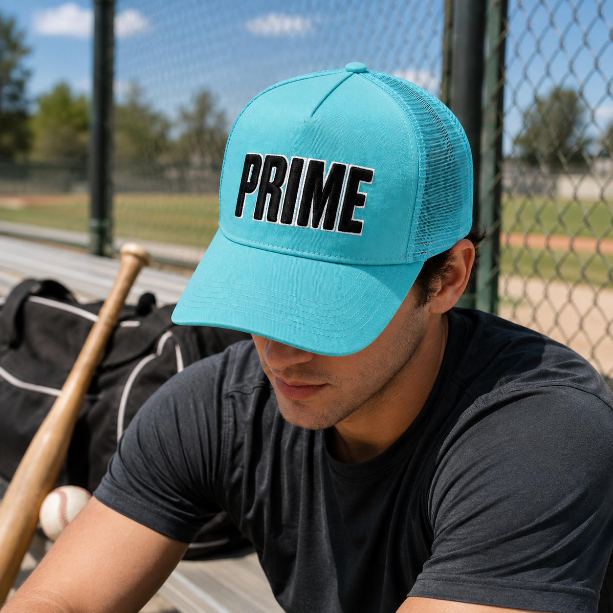 Turquoise 5-Panel Mesh Trucker Cap with Black Raised Lettering