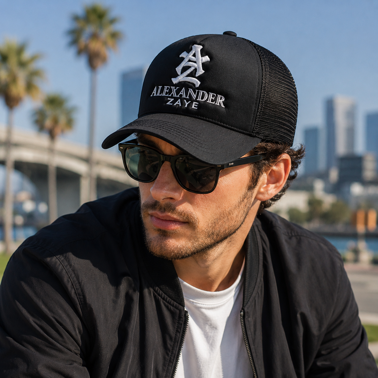 Black Foam Mesh Trucker Cap with White 3D Monogram Embroidery