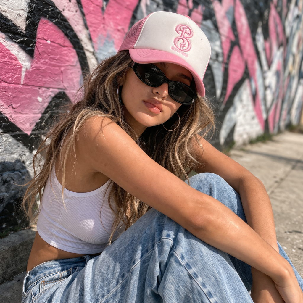 Pink White 3D Embroidered Logo Trucker Hat Mesh Back Adjustable Cap