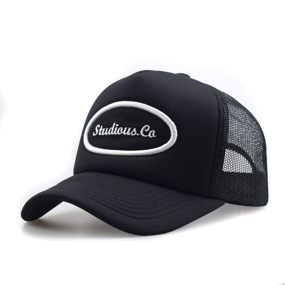 Black Mesh Trucker Cap with White Oval Embroidered Logo Patch