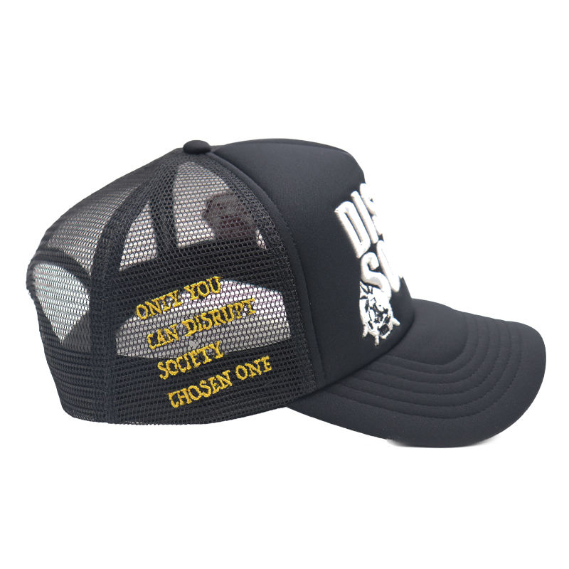 Black Foam Trucker Cap with Bold 3D Embroidered Slogan Logo