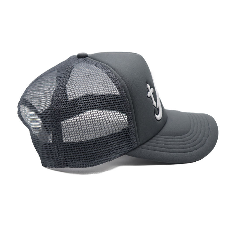 Grey Mesh Trucker Cap with Raised Letter Embroidery and Cross Design