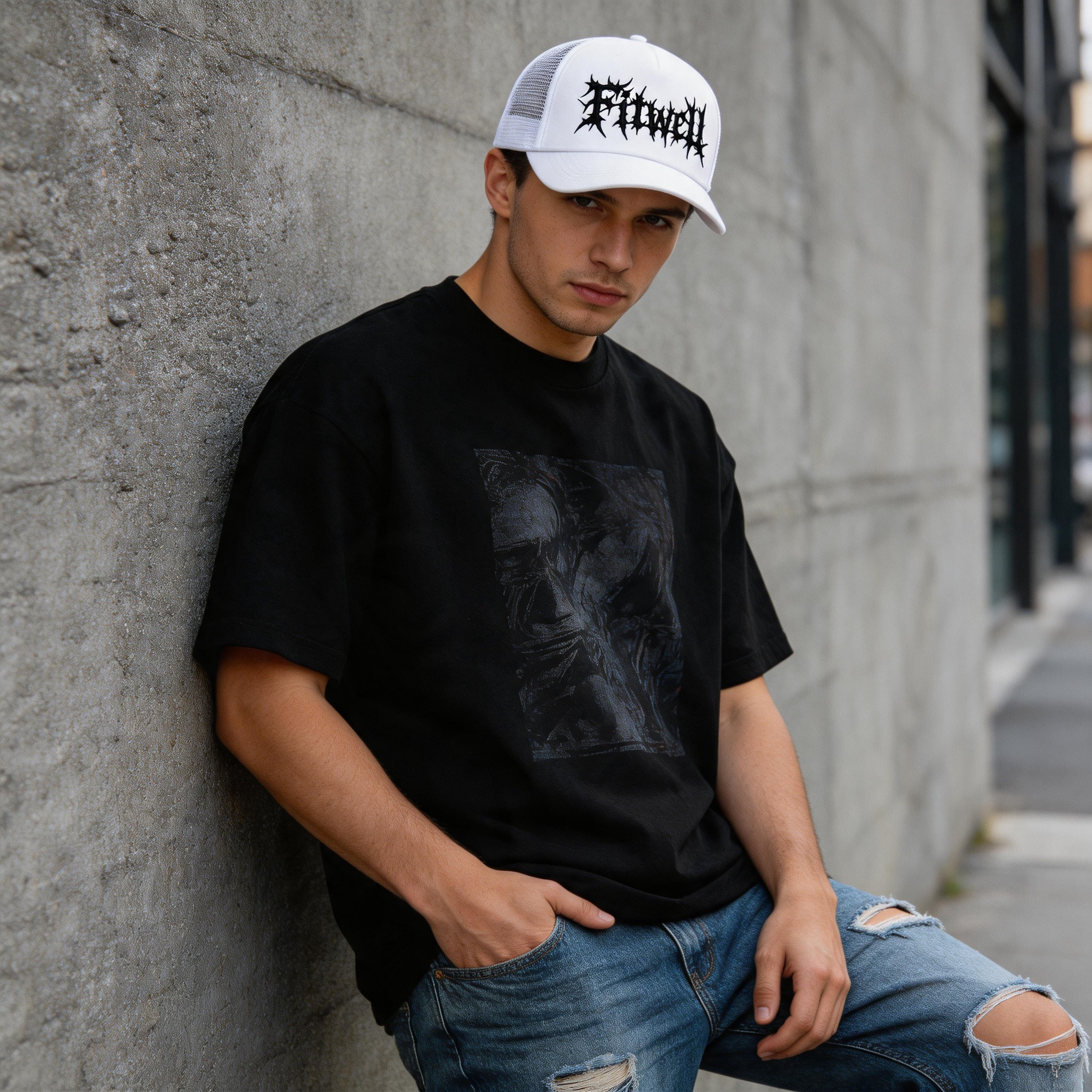 Black and White Foam Trucker Hat with Gothic Embroidered Logo and Mesh Back Design