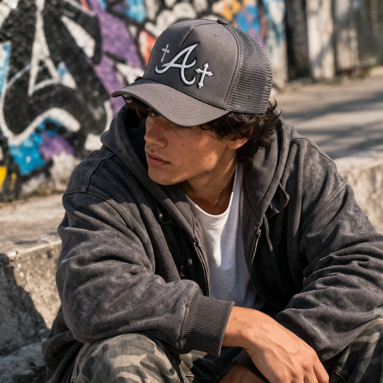 Grey Mesh Trucker Cap with Raised Letter Embroidery and Cross Design