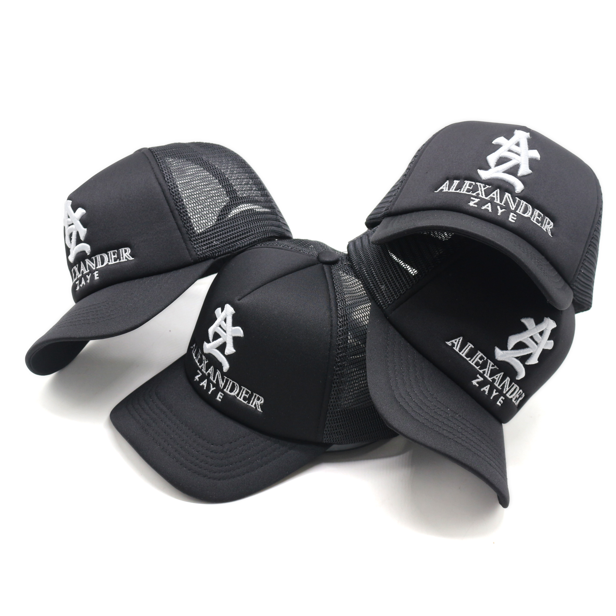 Black Foam Mesh Trucker Cap with White 3D Monogram Embroidery