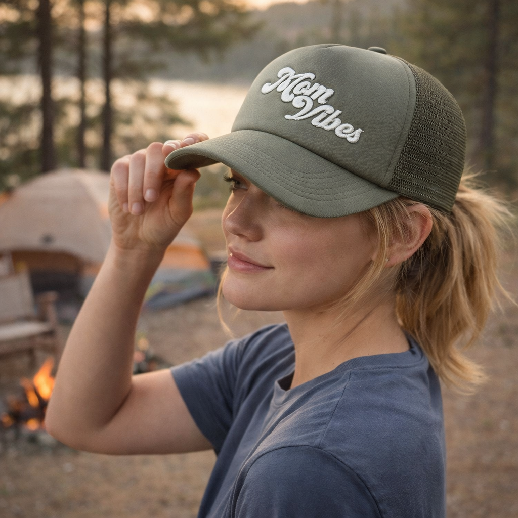 Olive Green Script Logo Mesh Trucker Cap with 3D Embroidery