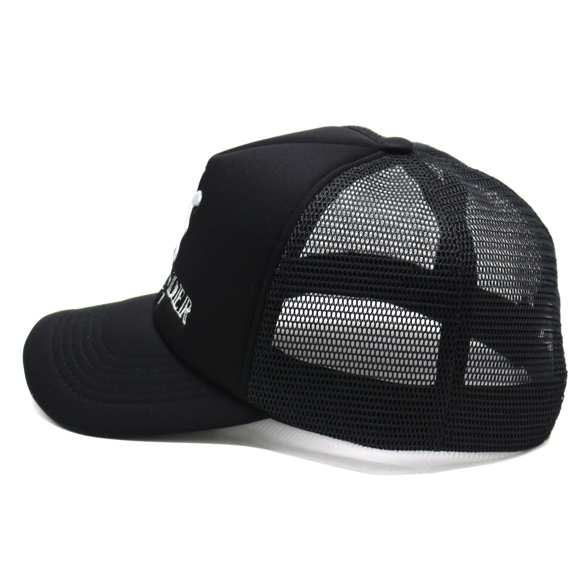 Black Foam Mesh Trucker Cap with White 3D Monogram Embroidery