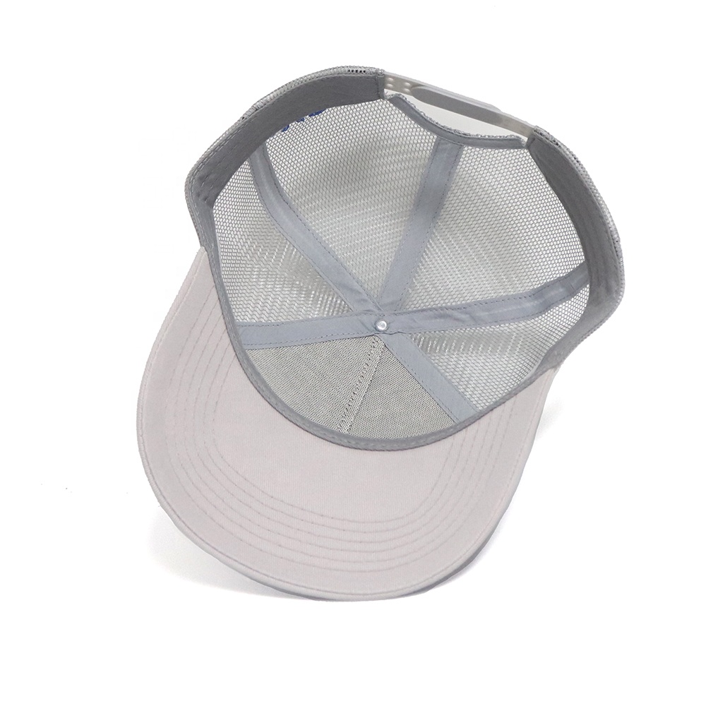 Light Gray 5-Panel Mesh Trucker Cap with Blue Raised Embroidery