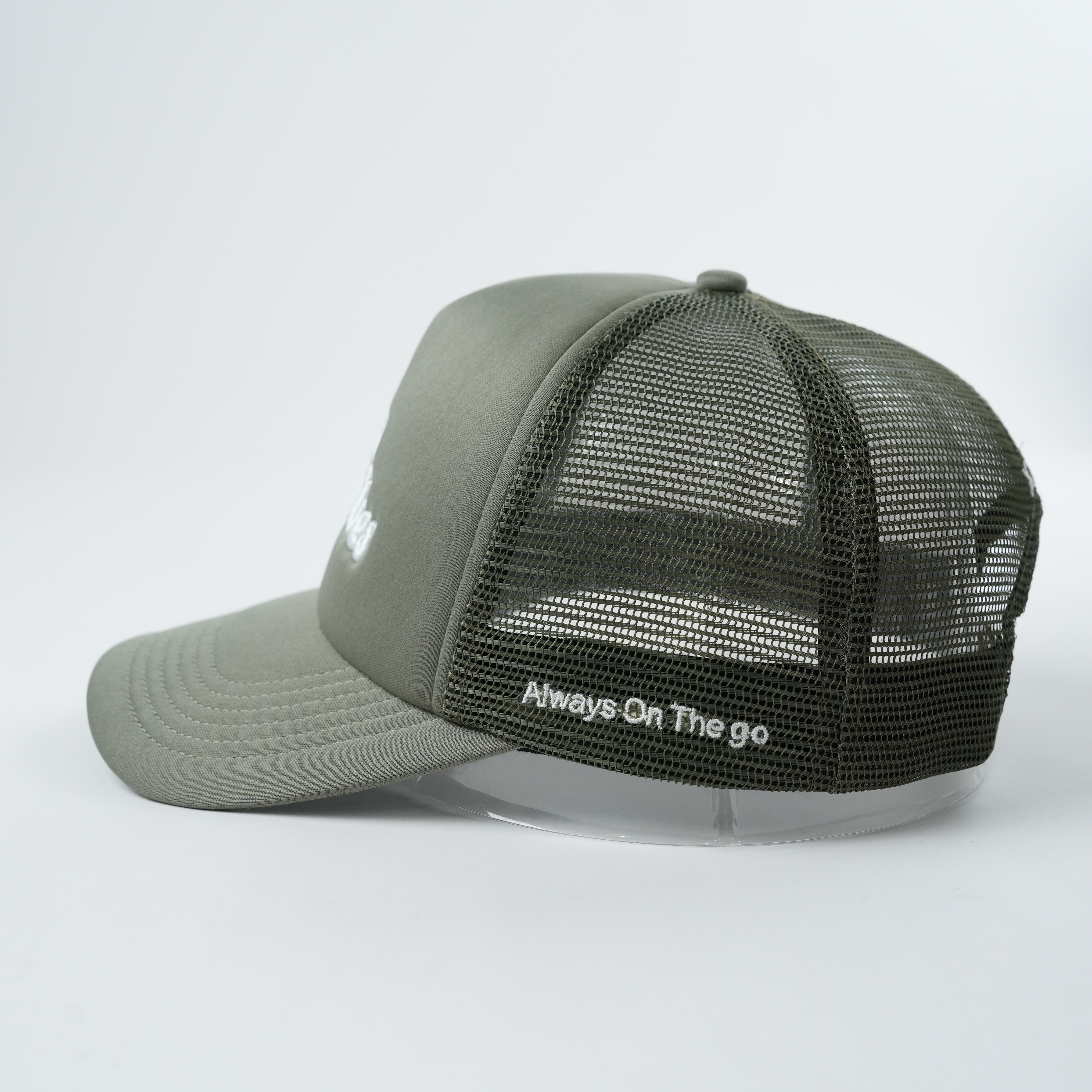 Olive Green Script Logo Mesh Trucker Cap with 3D Embroidery