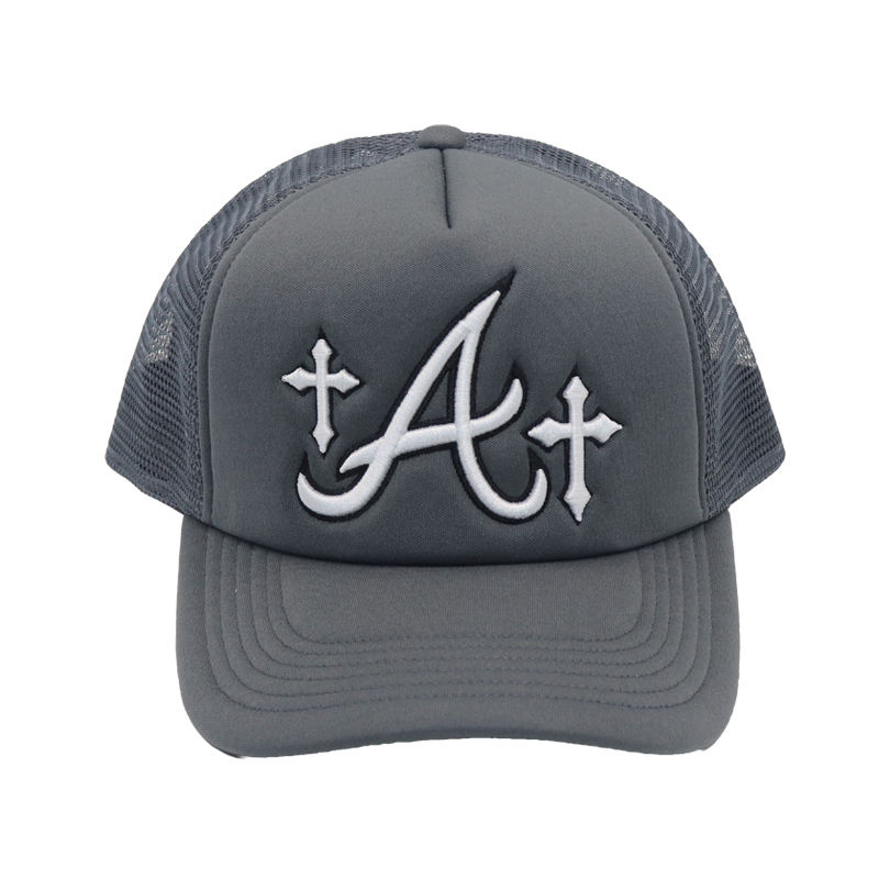 Grey Mesh Trucker Cap with Raised Letter Embroidery and Cross Design