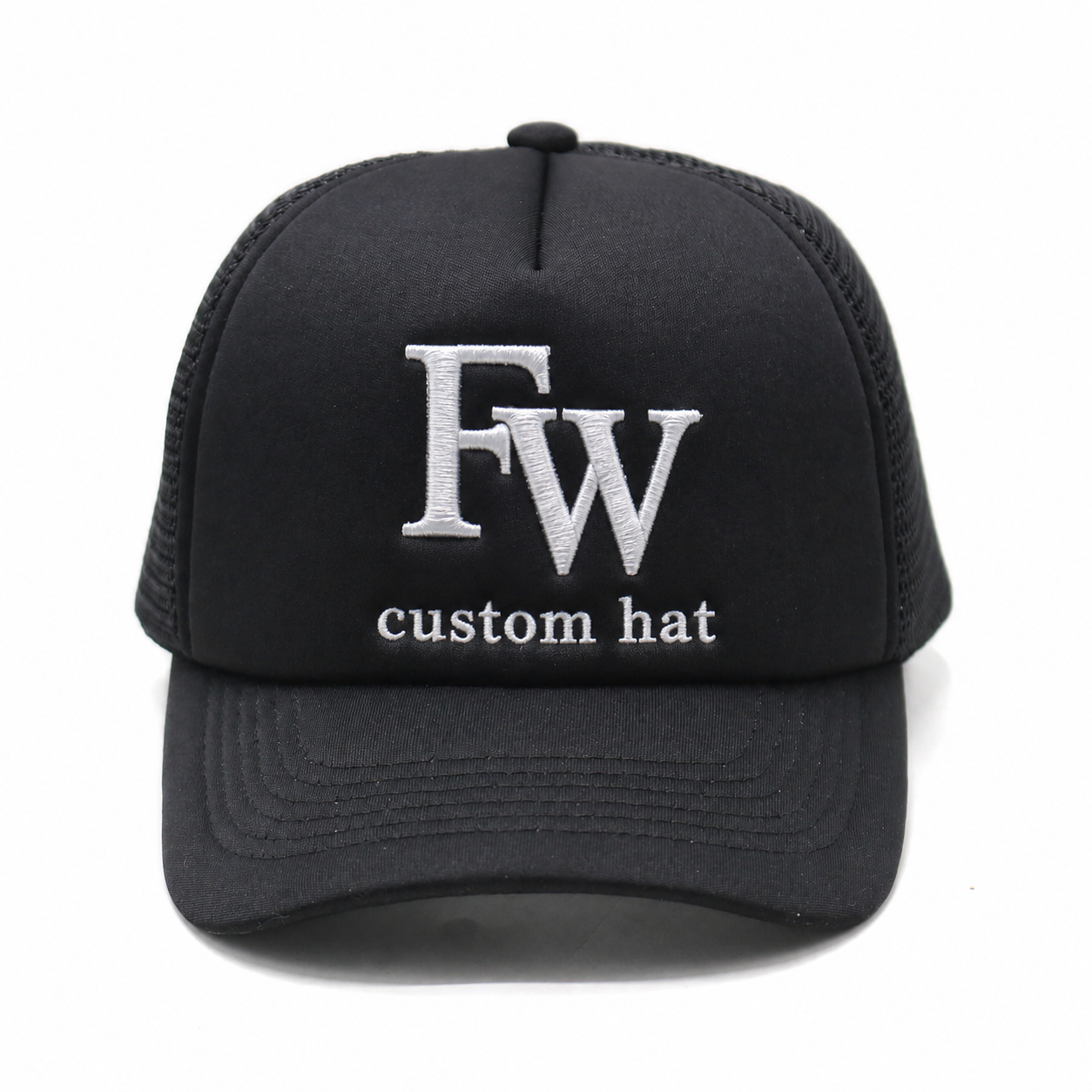 Black Foam Mesh Trucker Cap with White 3D Monogram Embroidery