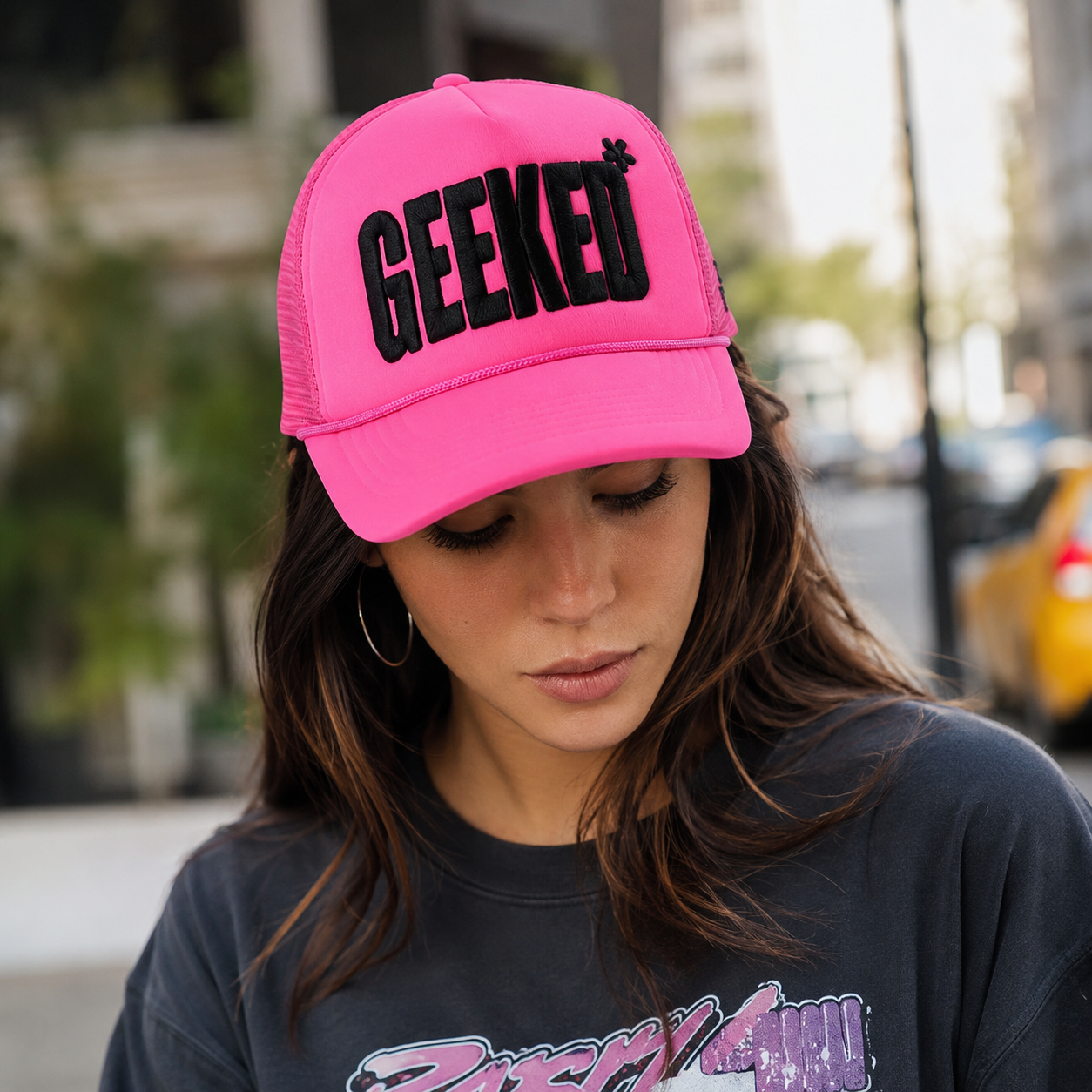 Neon Pink Foam Trucker Hat with Black 3D Letter Embroidery