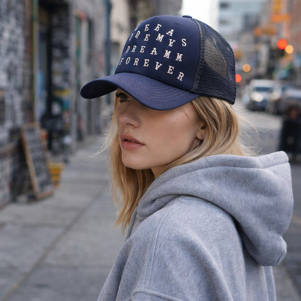 Dreamers Dream Forever Navy Blue Trucker Hat Embroidered Snapback Cap
