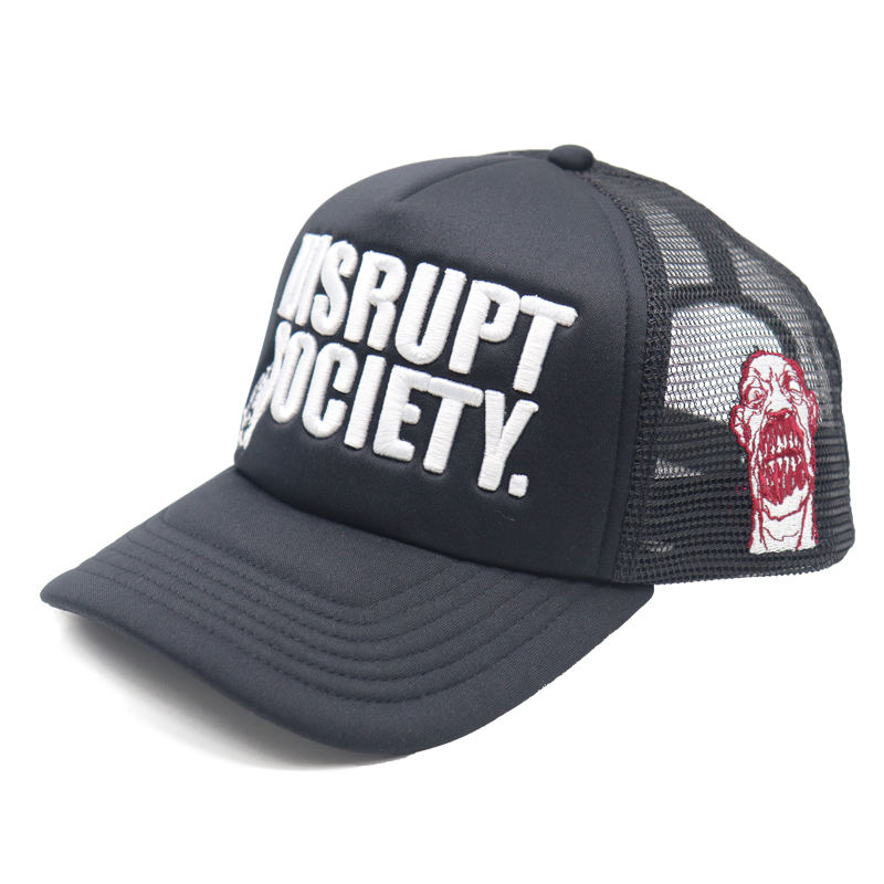 Black Foam Trucker Cap with Bold 3D Embroidered Slogan Logo