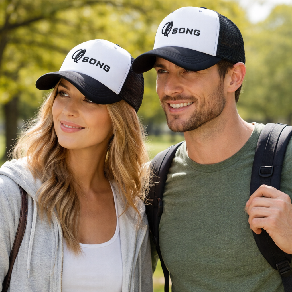 Black White Mesh Trucker Cap with Raised Embroidered Logo Snapback Hat