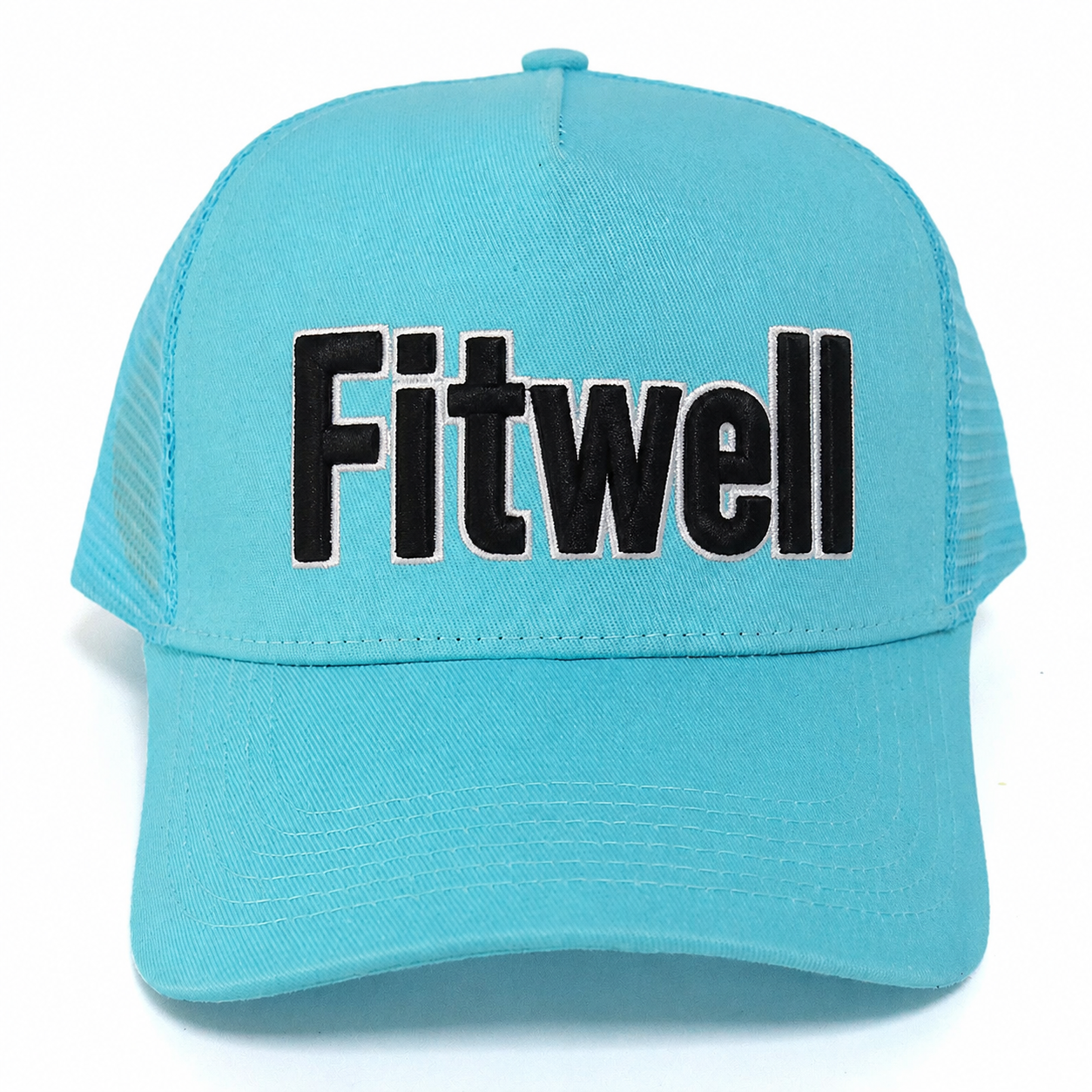 Turquoise 5-Panel Mesh Trucker Cap with Black Raised Lettering