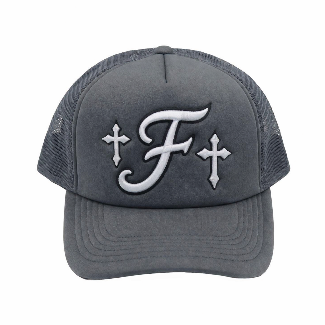 Grey Mesh Trucker Cap with Raised Letter Embroidery and Cross Design