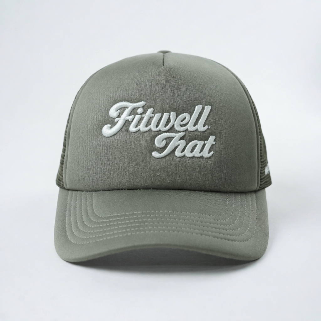 Olive Green Script Logo Mesh Trucker Cap with 3D Embroidery