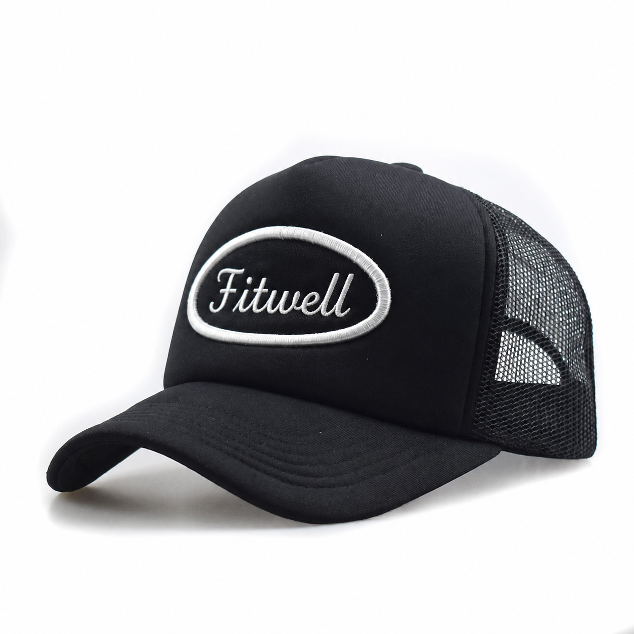 Black Mesh Trucker Cap with White Oval Embroidered Logo Patch