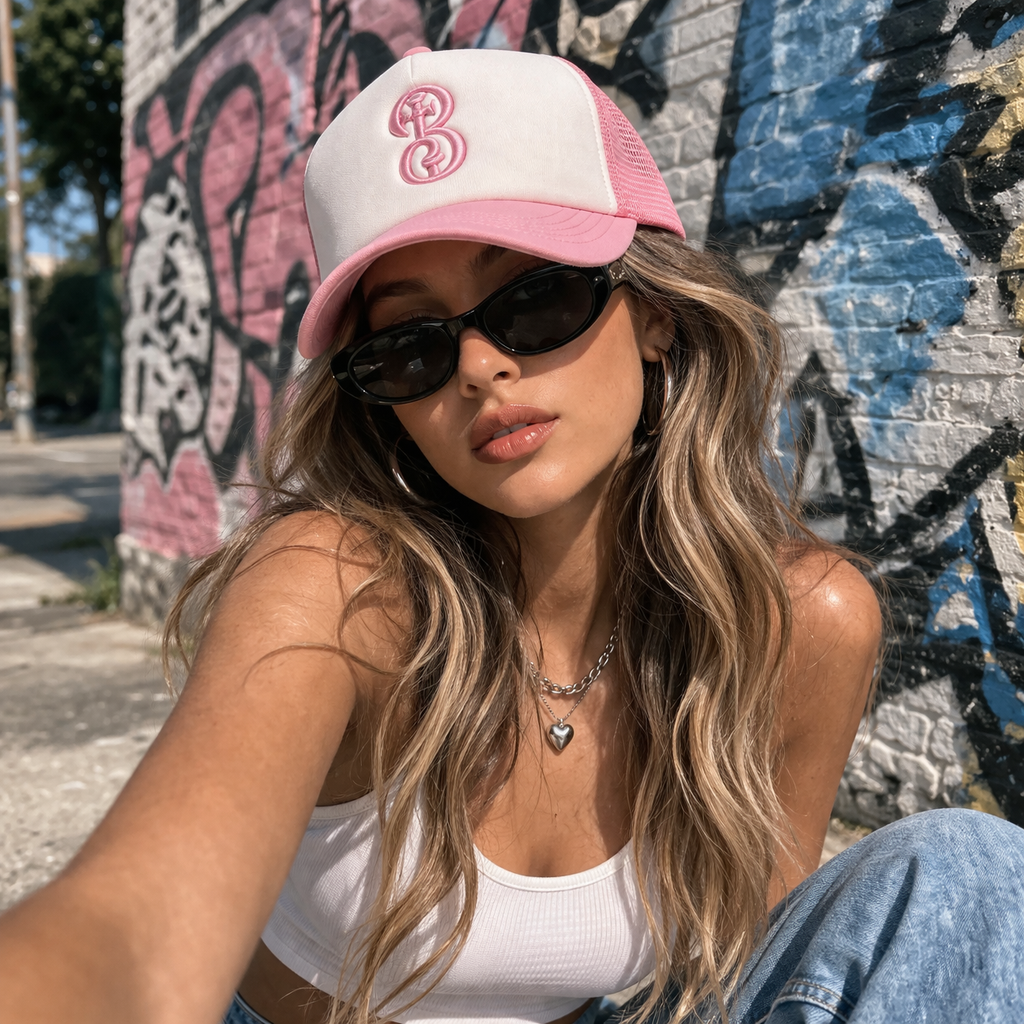 Pink White 3D Embroidered Logo Trucker Hat Mesh Back Adjustable Cap