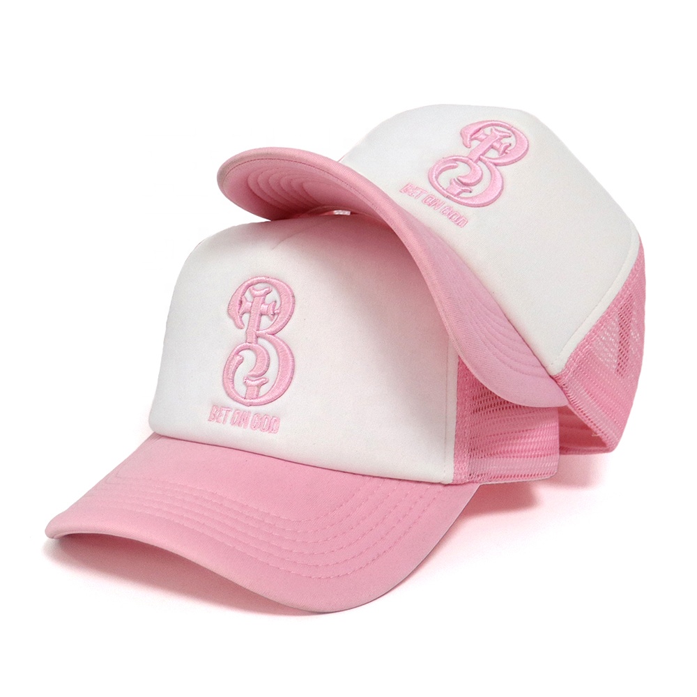 Pink White 3D Embroidered Logo Trucker Hat Mesh Back Adjustable Cap