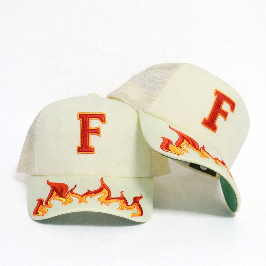 Flame Embroidered 5 Panel Foam Trucker Hat with Mesh Back Snapback Cap