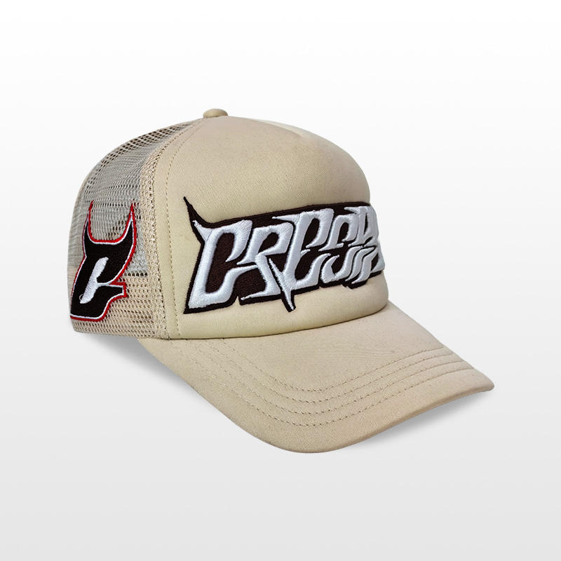 Beige Foam Front Trucker Cap with Bold 3D Embroidered Letter Logo