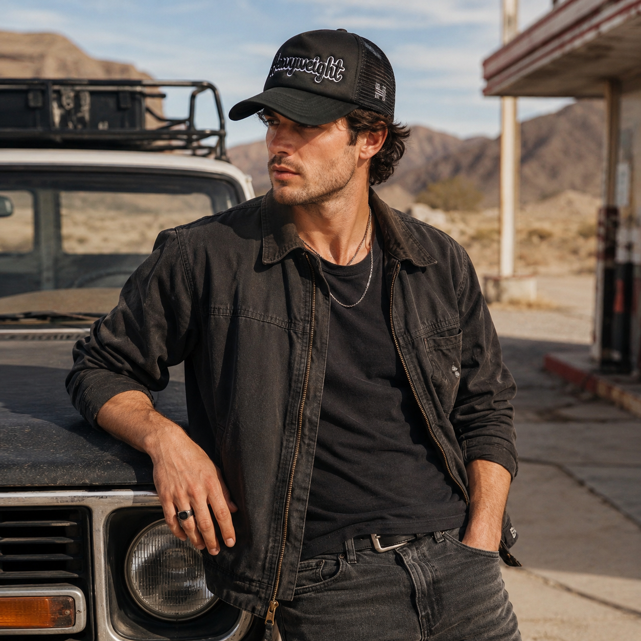 Black Script Logo Foam Mesh Trucker Cap