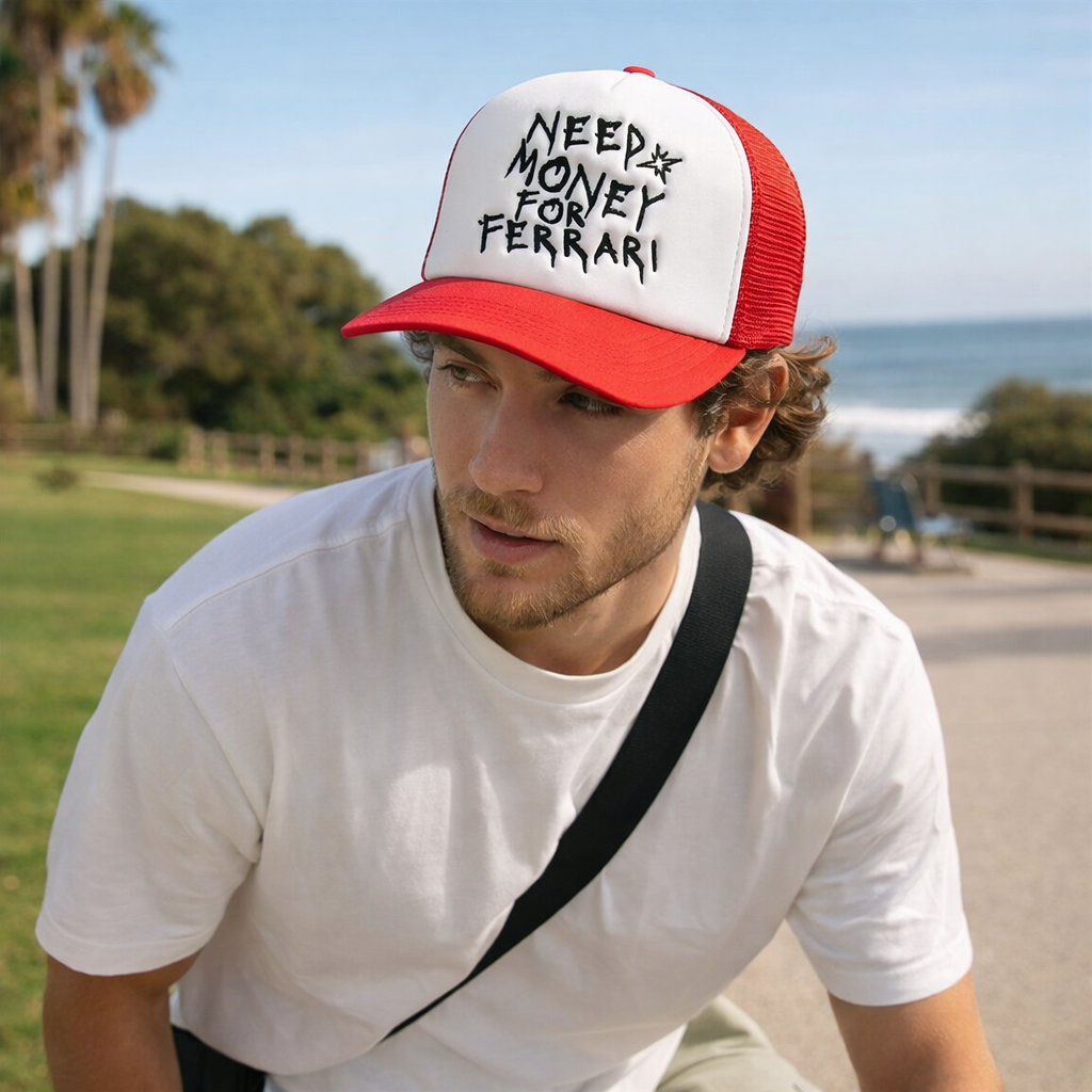 Funny Need Money For Ferrari Trucker Hat Red White Snapback Cap