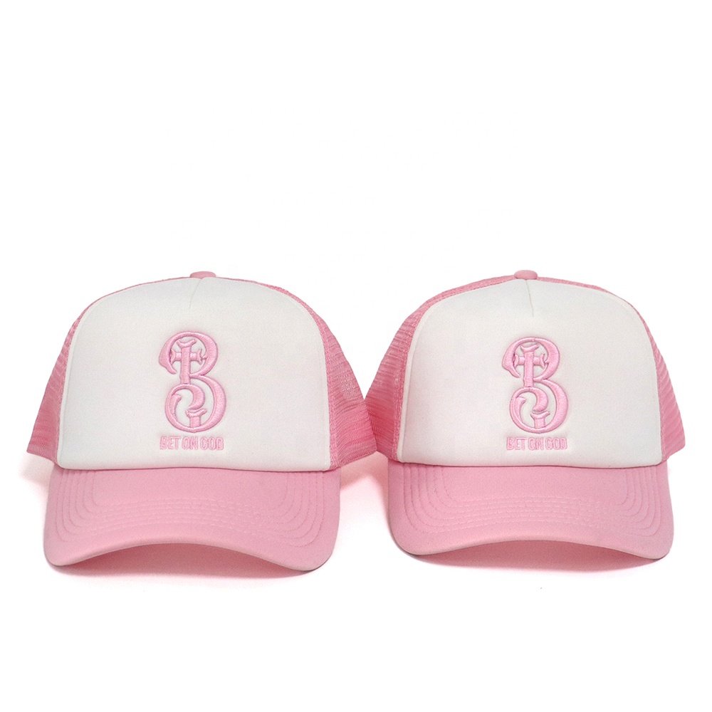 Pink White 3D Embroidered Logo Trucker Hat Mesh Back Adjustable Cap