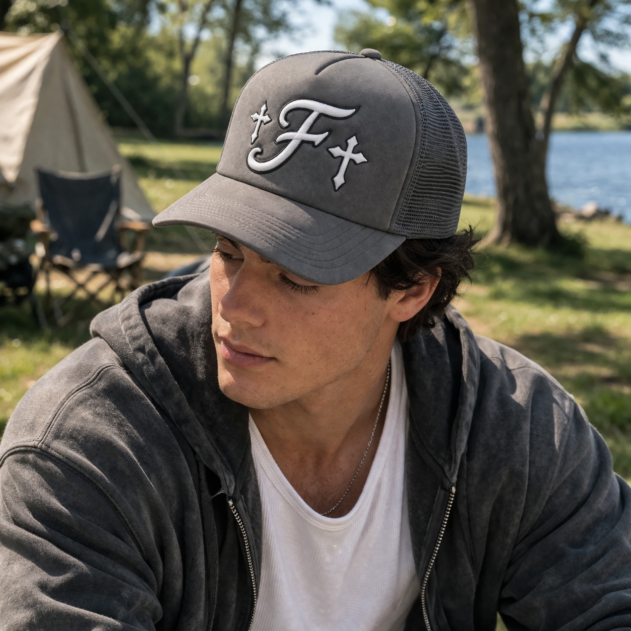 Grey Mesh Trucker Cap with Raised Letter Embroidery and Cross Design