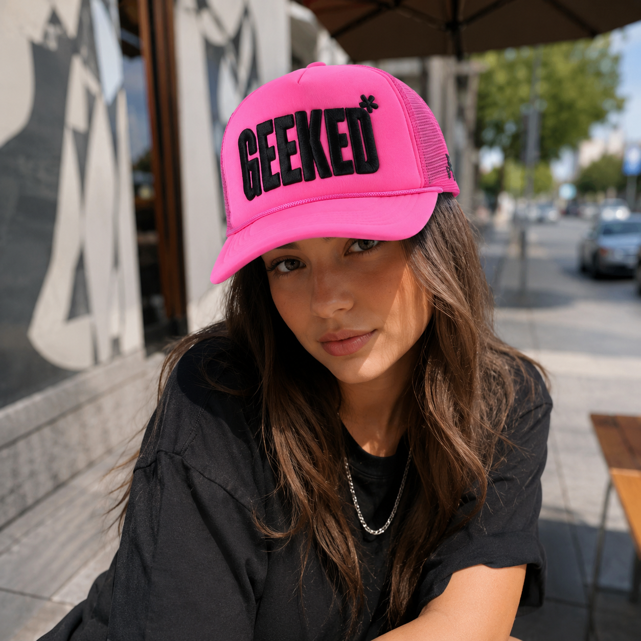 Neon Pink Foam Trucker Hat with Black 3D Letter Embroidery