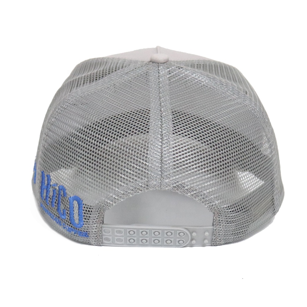 Light Gray 5-Panel Mesh Trucker Cap with Blue Raised Embroidery