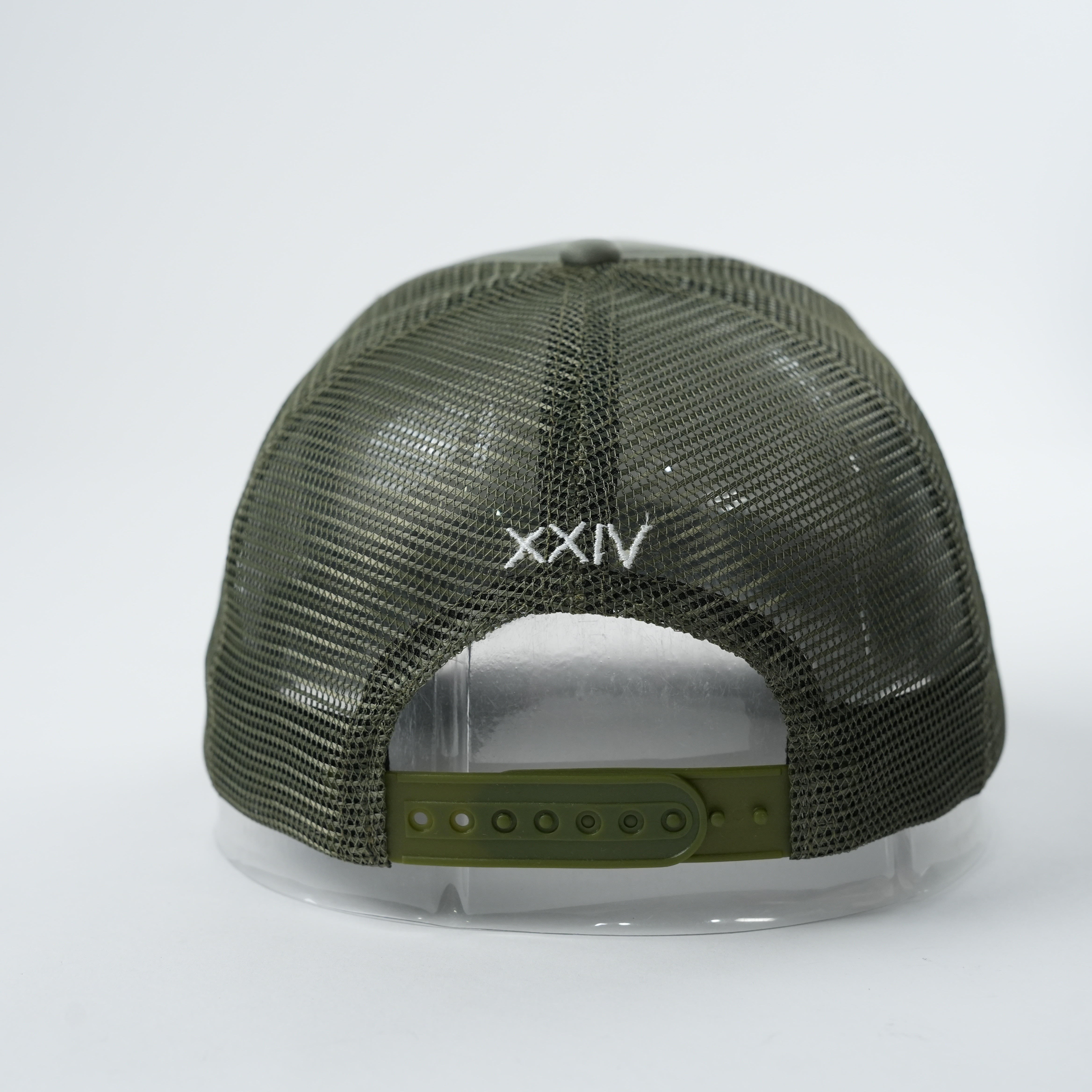 Olive Green Script Logo Mesh Trucker Cap with 3D Embroidery