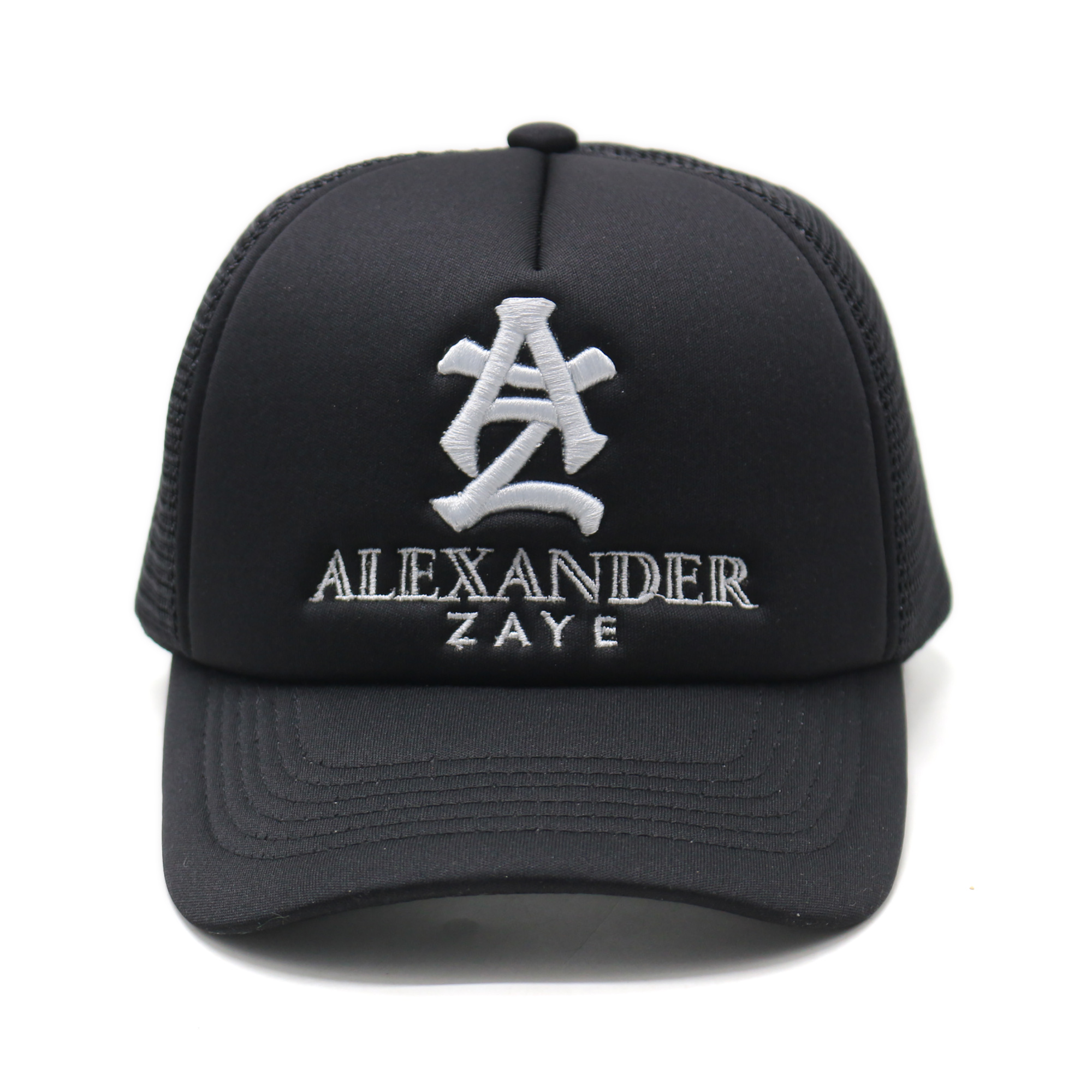Black Foam Mesh Trucker Cap with White 3D Monogram Embroidery