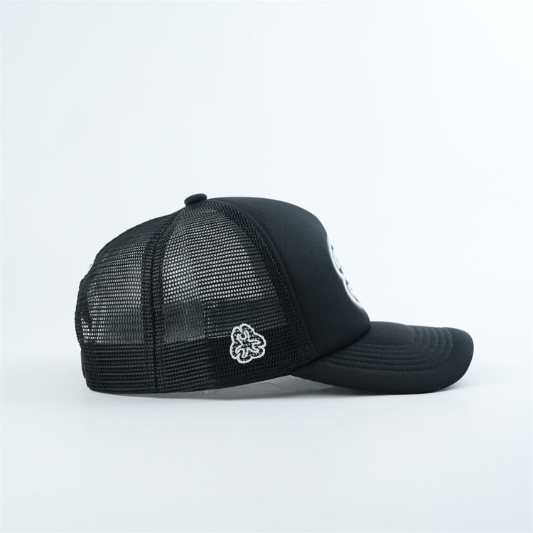 Black Foam Mesh Trucker Cap with White Raised Logo Embroidery