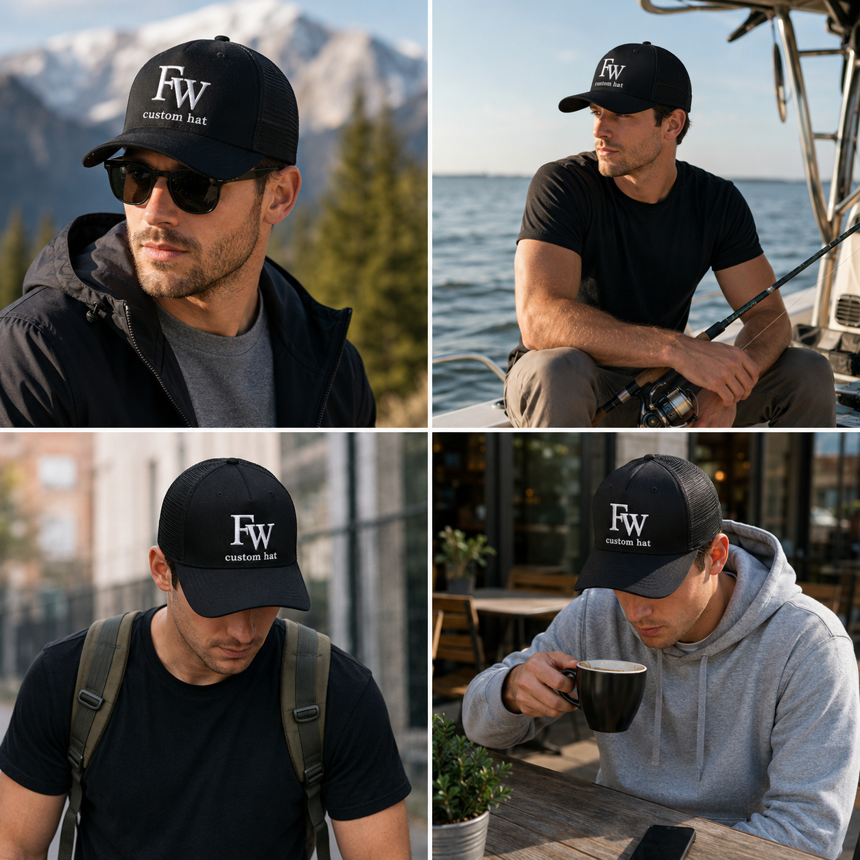 Black Foam Mesh Trucker Cap with White 3D Monogram Embroidery