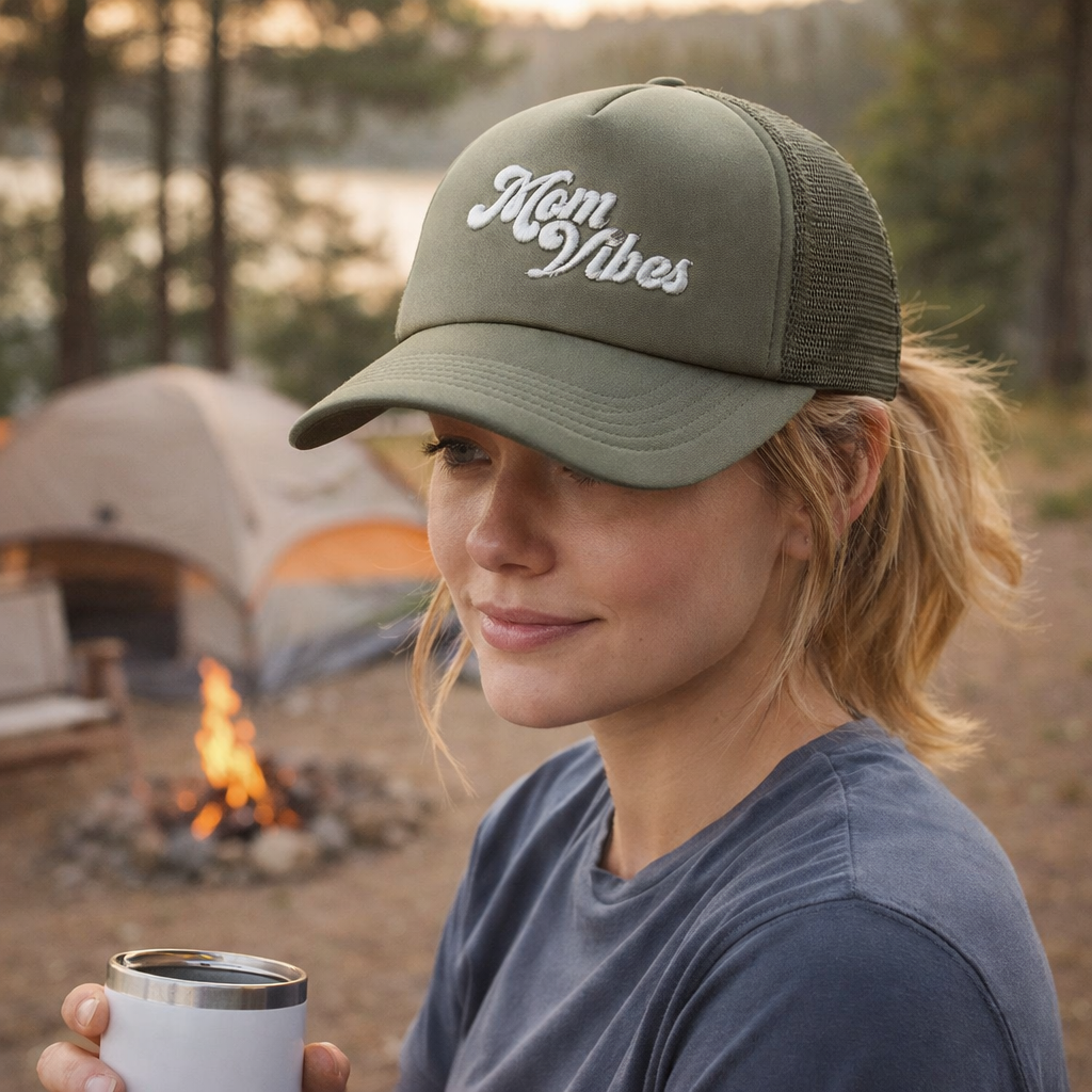 Olive Green Script Logo Mesh Trucker Cap with 3D Embroidery