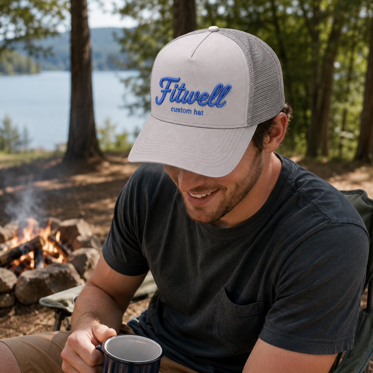 Light Gray 5-Panel Mesh Trucker Cap with Blue Raised Embroidery