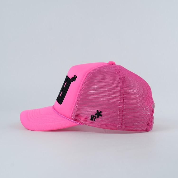Neon Pink Foam Trucker Hat with Black 3D Letter Embroidery