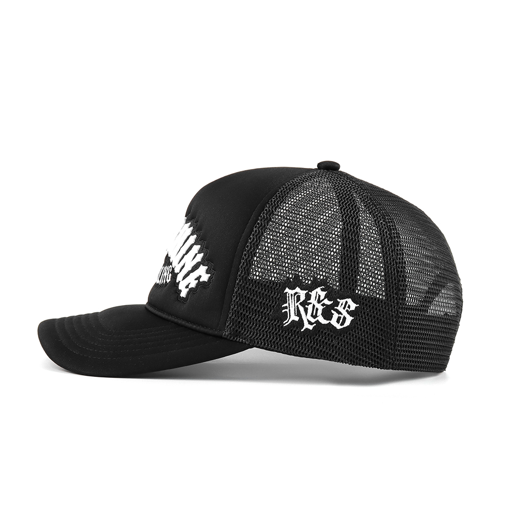 Black Foam Trucker Cap with Raised Embroidered Front Logo