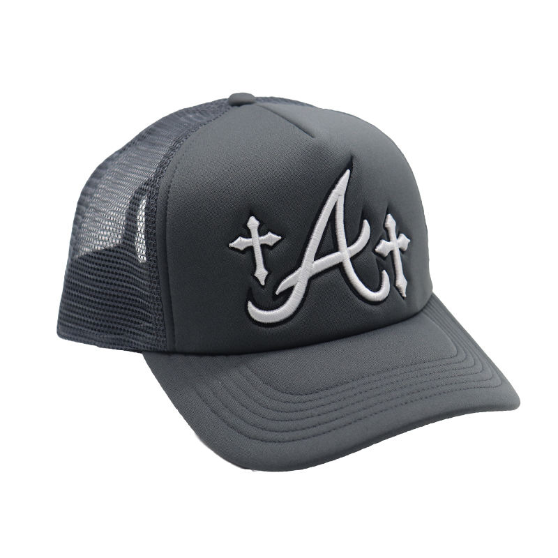 Grey Mesh Trucker Cap with Raised Letter Embroidery and Cross Design