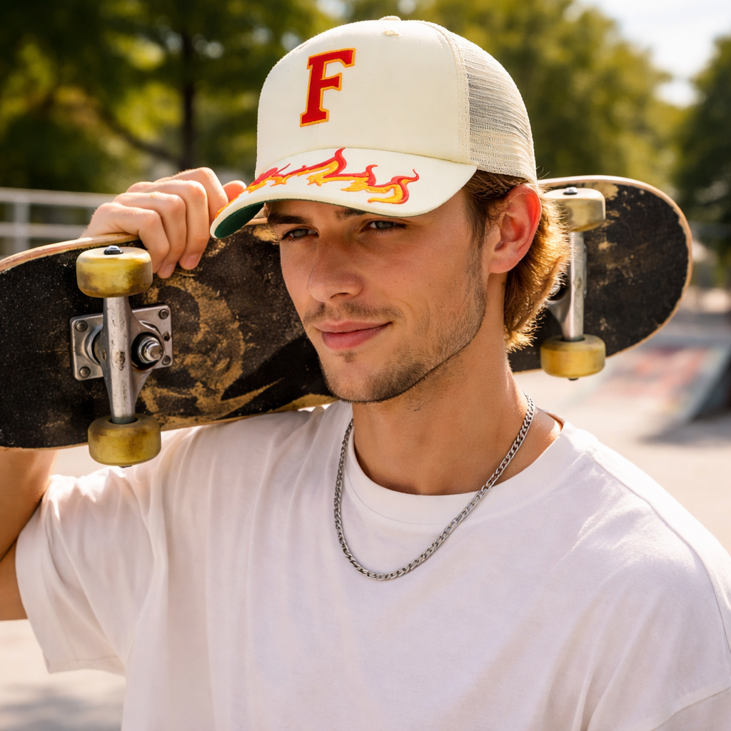 Flame Embroidered 5 Panel Foam Trucker Hat with Mesh Back Snapback Cap