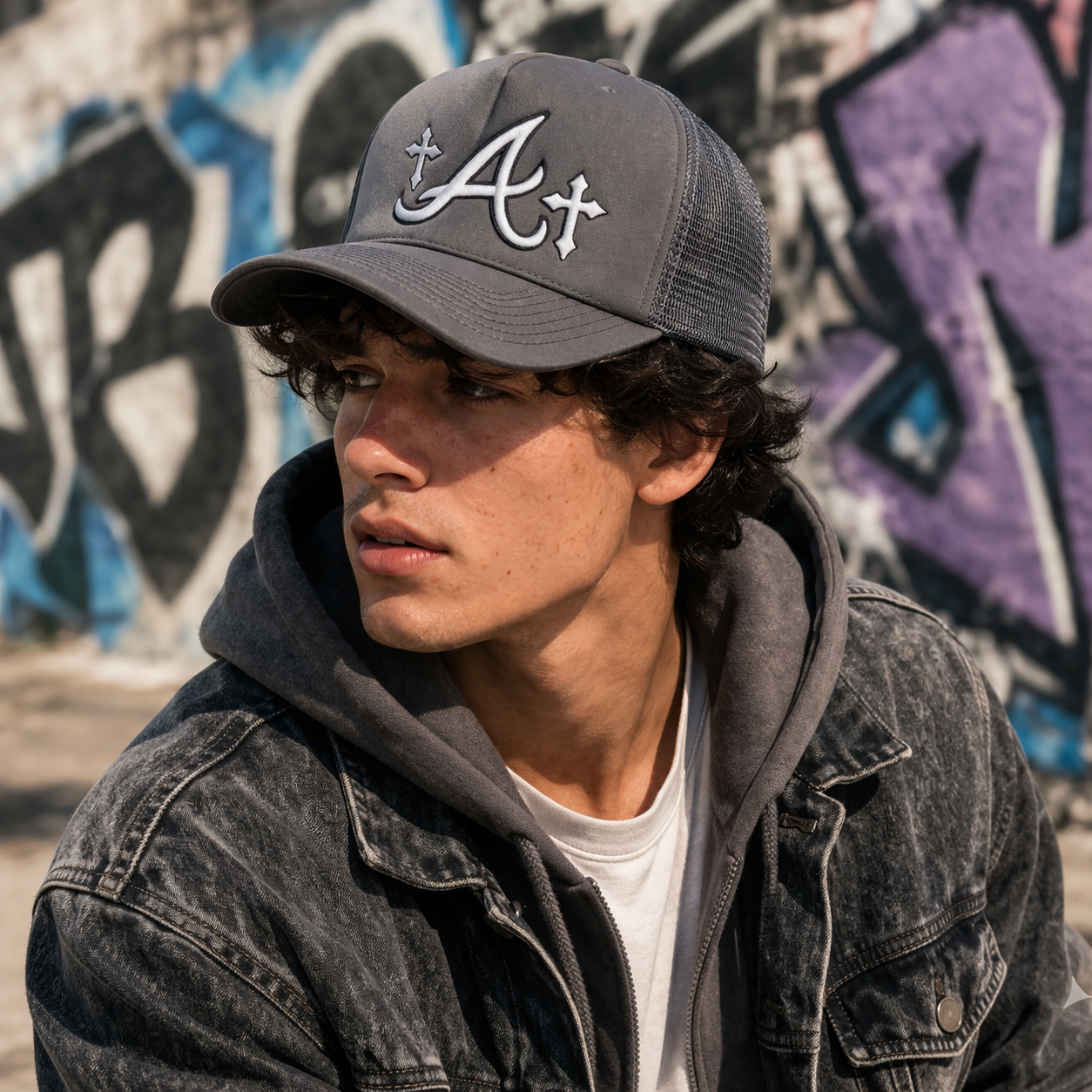 Grey Mesh Trucker Cap with Raised Letter Embroidery and Cross Design